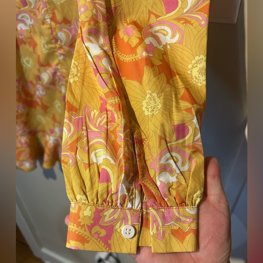 NWT CIDER orange yellow retro floral long sleeve ruffle hem mini dress - Picture 5 of 9